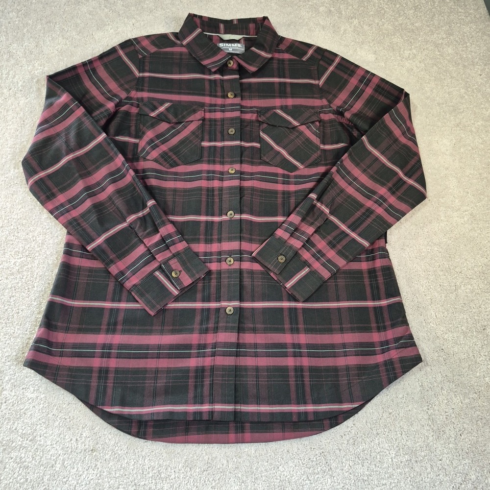 Simms Women's Sunrise Tunic Carbon Garnet Plaid Shirt Size Medium Ruched Sides